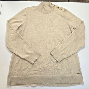 CALVIN KLEIN Womens Tan w/ Gold Shimmer Sweater Cowl Neck Gold Buttons SZ Large